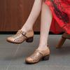 New Spring and Summer Thick Heel Breathable Single Shoes Women's First Layer Cowhide Hollow Hole Shoes Leather Shoes Mother Shoes
