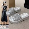 Thick-soled Heightening Word with Slippers Women's Summer Wear Rhinestone Muffin Shoes 2025 Slope Heel Fashion Sandals Women's Shoes