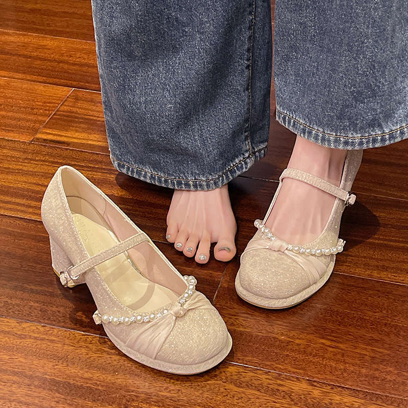 Mary Jane High Heels Women's Skirt Beautiful Thick Heel Single Shoes He Xiu Main Wedding Dress Bridesmaids Bride Engagement Shoes Women