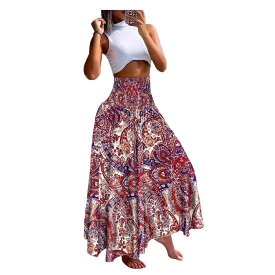 Women Maxi Skirt High Waist Wide Elastic Waist A-Line Retro Printed Skirt Summer Loose Fit Long Skirt Streetwear