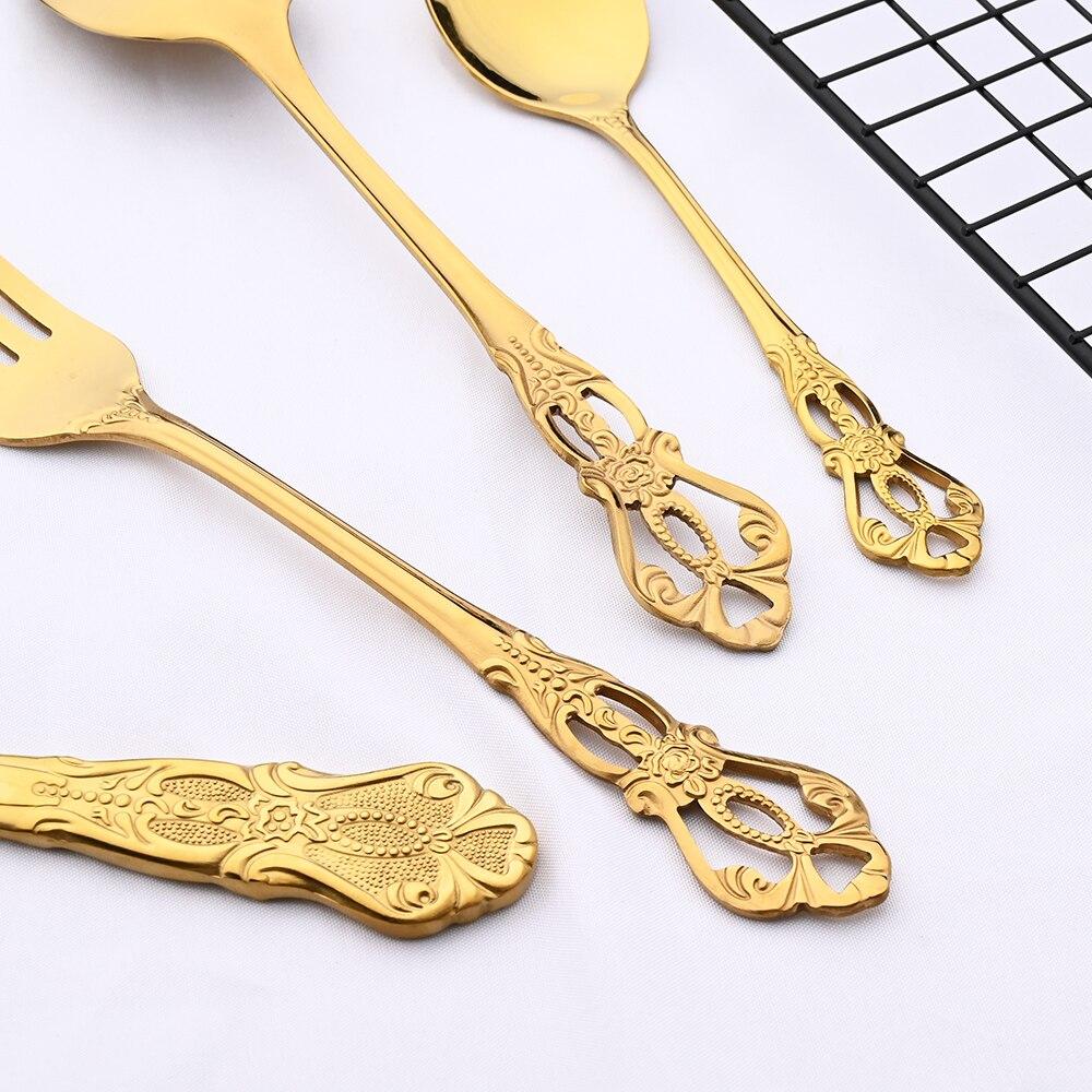 Vintage Western Gold Stainless Steel Plated Cutlery Luxury Dinnerware Set Dinner Knife Fork Ice Spoon Flatware Tableware
