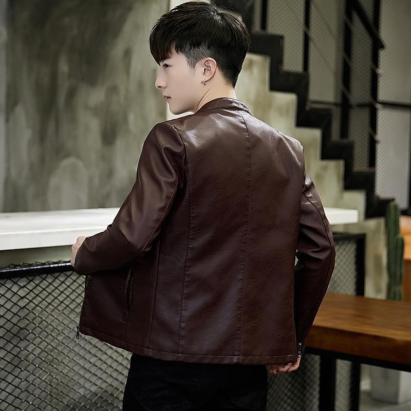 Men's Leather Jacket Spring and Autumn Middle and Young Motorcycle Style Trendy PU Leathe Jacket Plu Velvet Thickened Slim Stand Collar Jacket for Men