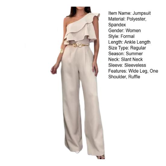 Women Summer Jumpsuit Ruffle Sleeveless High Waist Wide Leg One Shoulder Slant Neck Solid Color OL Commute Style Slim Fit Long Jumpsuit