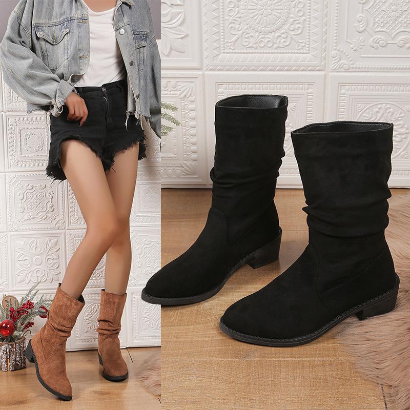 Большие размеры, женские зимние ботинки 2024 года, осень-зима, новые европейские и американские импортные ботинки с круглым носком и толстым каблуком, закрывающие среднюю часть стопы