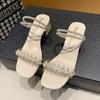 Crystal Pearl Two-Way Chunky Heel Sandals Summer Square Toe Low-Cut Women's Slippers High Heel Sandals