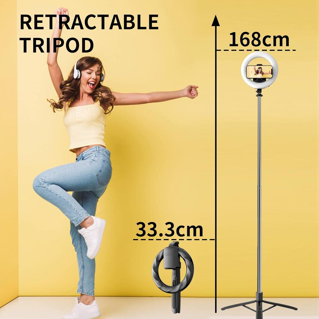 8" Selfie Ring Light with 66" Extendable Tripod Stand & Phone Holder, Portable Unplugged Dimmable LED Ringlight