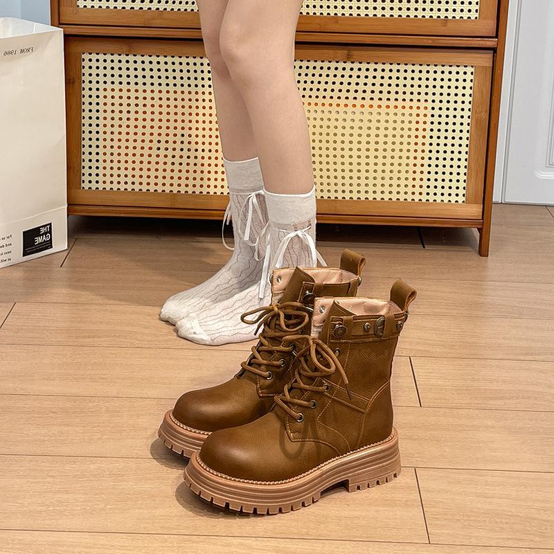 Vintage Martin Boots Women's 2024 British Style Lace-up Thick Heel Big Yellow Boots New Thick-soled Western Tooling Short Boots Tide