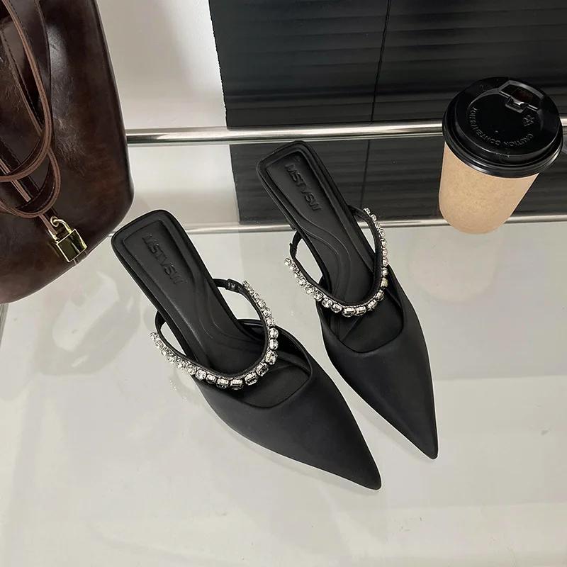 Fashion 2025 Spring New Female Black Satin Rhinester Bright High Heels Pointed Head After Empty Fashion Slippers Sandalias Mujer