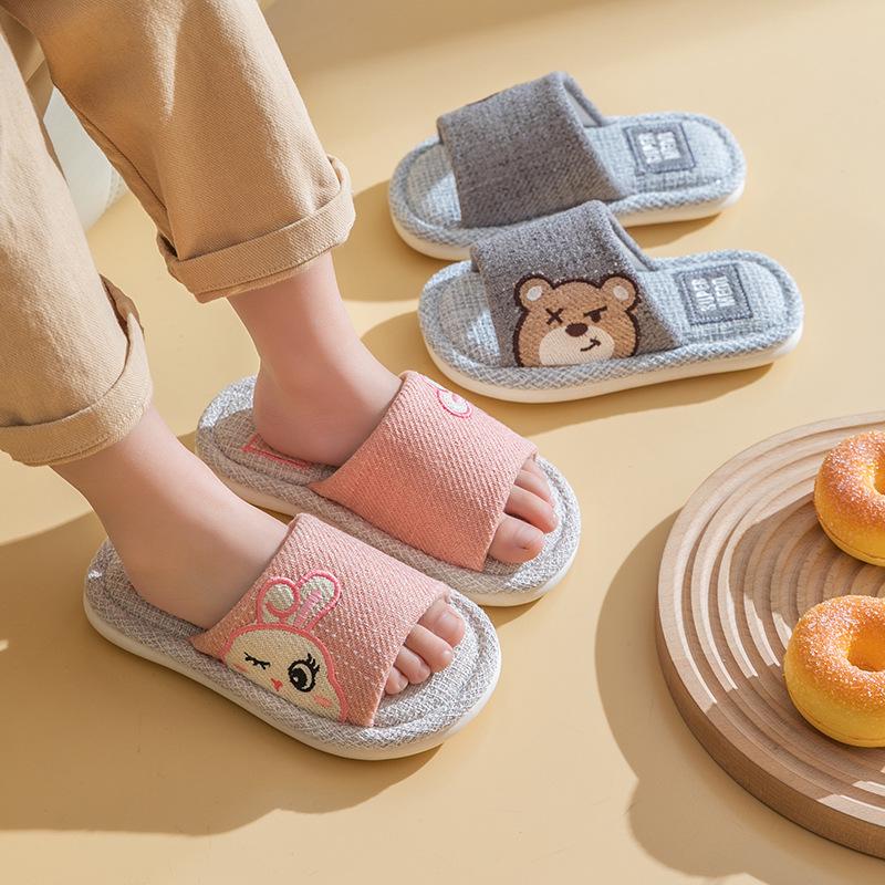 "Adorable Summer Bunny & Bear Kids' Indoor Linen Slippers for Boys and Girls"