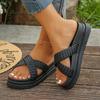 Модные ретро плетеные кожаные шлепанцы женские летние на среднем каблуке с толстой подошвой сандалии для леди повседневные пляжные нескользящие плоские шлепанцы Mujer