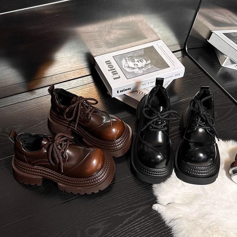 Women Retro Loafers Spring Increase Thick Sole Shoes Lace Up Outdoor Work Platform Shoes