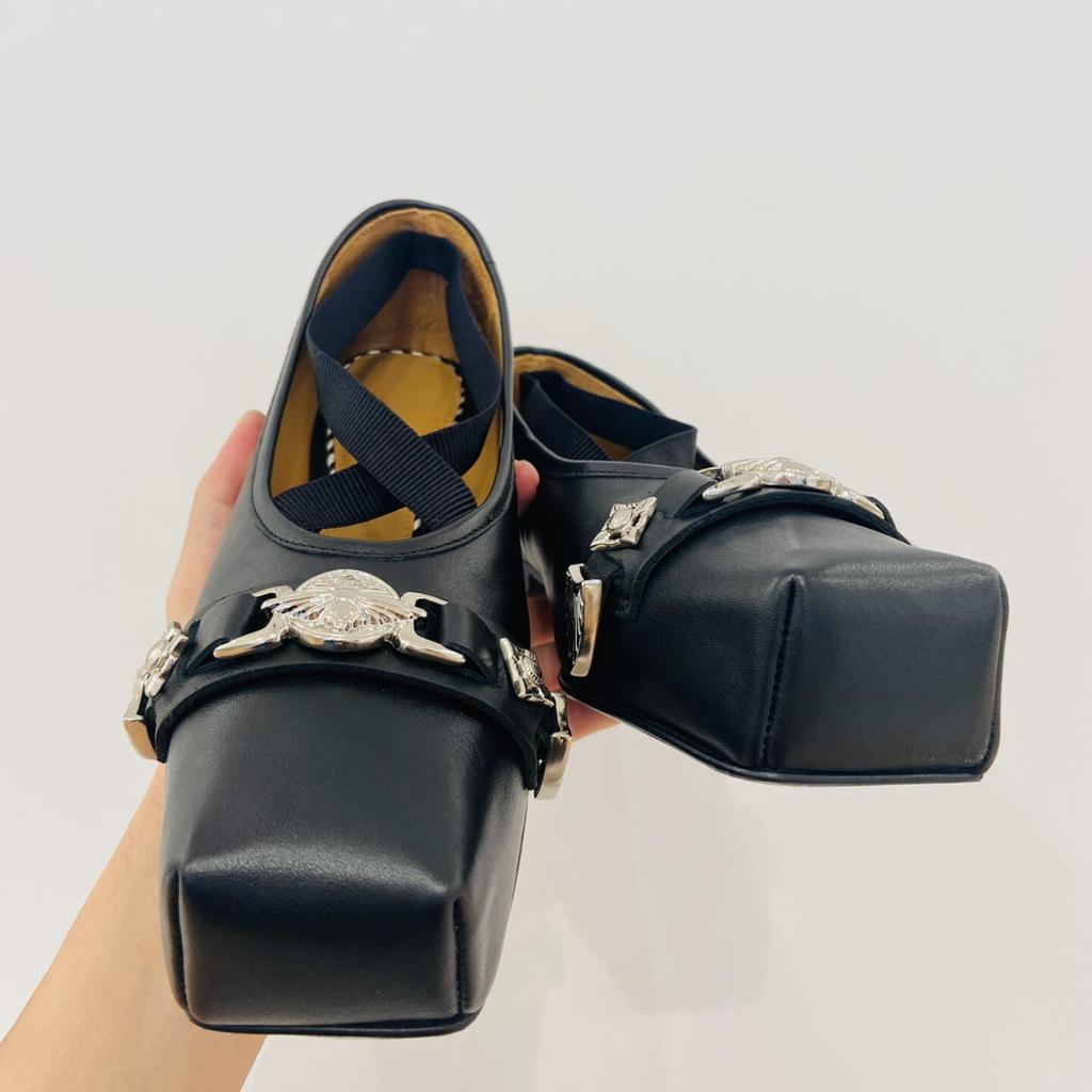 Autumn New Square Head Shallow Mouth Metal Mary Jane Single Shoes Women's Leather Japanese Ballet Small Leather Shoes