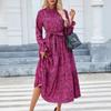 Spring and Summer Women's Casual Printed Stand-collar Ruffled Long-sleeved Lace-up Waist Dress