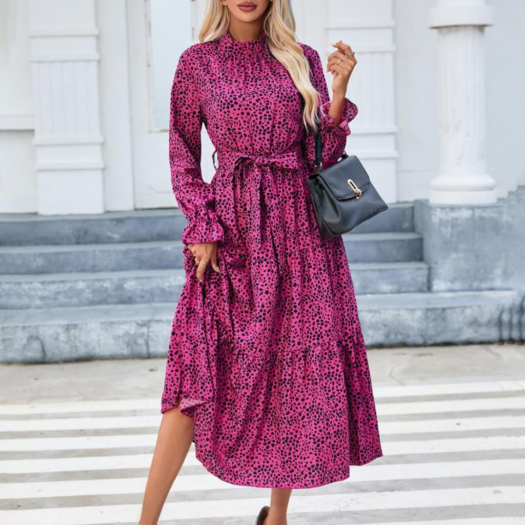 Spring and Summer Women's Casual Printed Stand-collar Ruffled Long-sleeved Lace-up Waist Dress