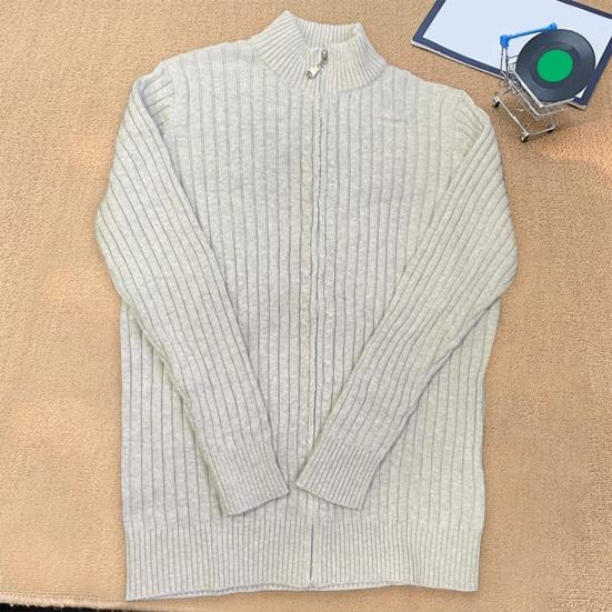 Fall Winter Men Coat Zipper Closure Knitted Cardigan Stand Collar Long Sleeves Solid