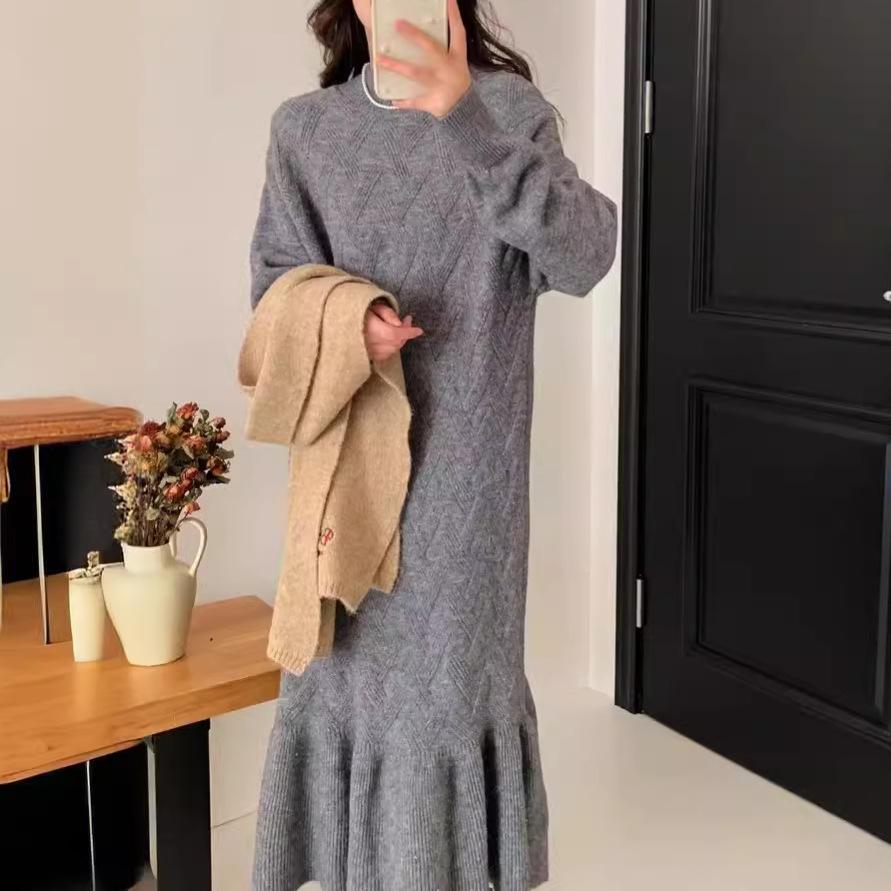 Large Size Women's Fashion Long Crew Neck Knitted Dress Women's Autumn and Winter Lazy Wind Loose Fish Tail Bottom Sweater Skirt