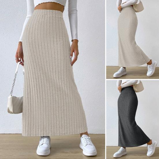 Women Skirt High Waist Knitted Elastic Thick Warm Ankle Length Striped Slim Fit Split Hem Soft Sheath Maxi Skirt