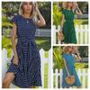 Summer Fall Dot Print Long Dress Women Casual O-neck Short Sleeve High Waist Slim Bandage Belt