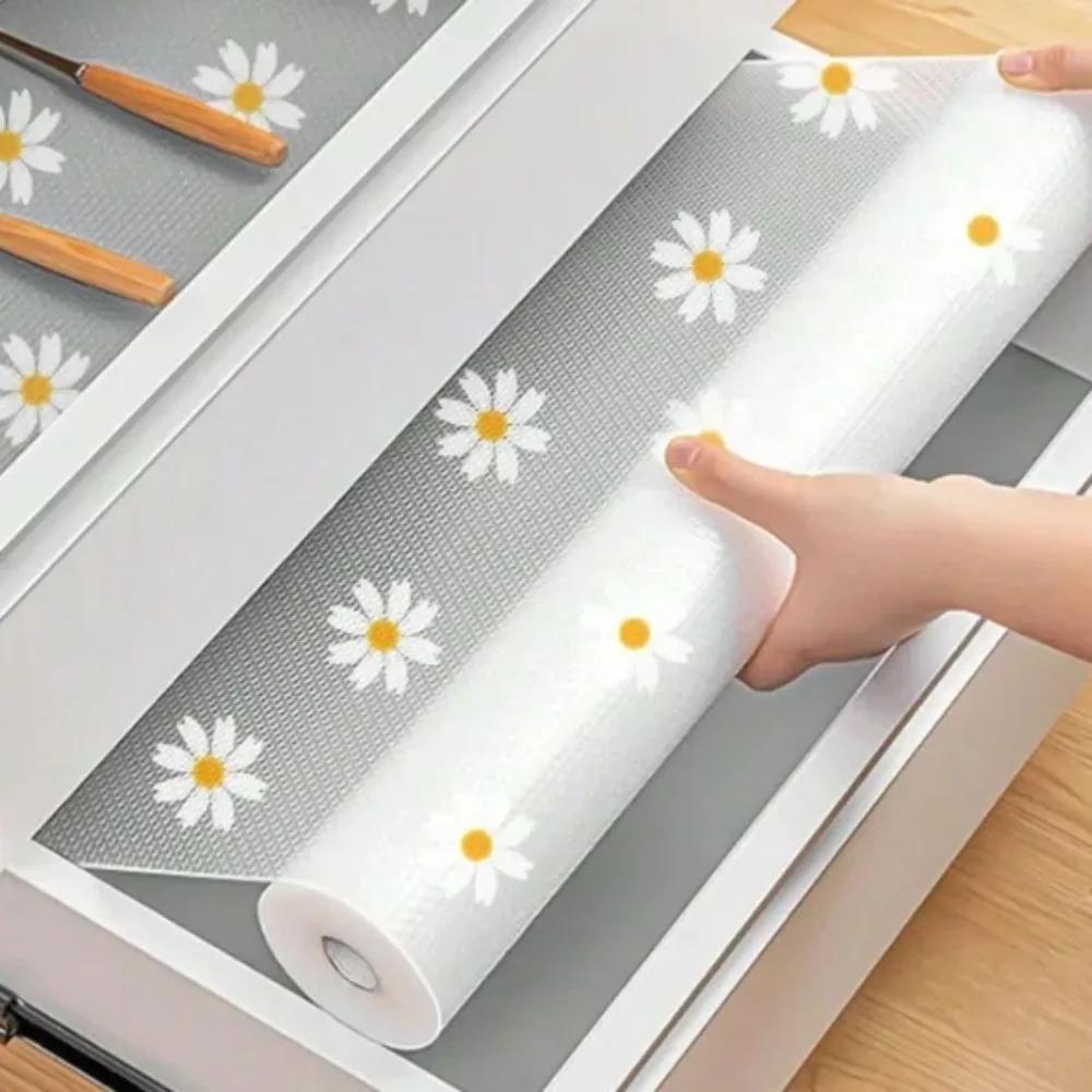 1 Roll EVA Waterproof Fridge Pad Cupboard Mat Daisy Shelf Liner For Kitchen Cabinets Easy Placemats Non-Adhesive Drawer Liner