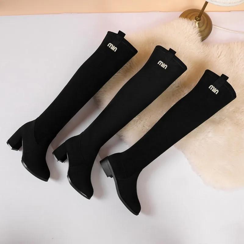 Over the Knee Boots Comfortable Square Heel Round Toe Stretch Boots Flock Leopard Autumn Winter Women's Boots