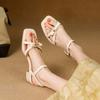 New Medium Heel Size Sandals Casual One-word Sandals Solid Color Rubber Soft Sole Comfortable Summer Square Head Square Heels