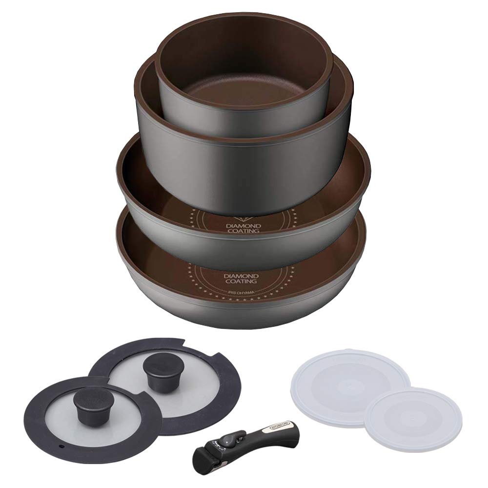 Iris Ohyama Frying Pan Set Frying Pan Set IH Gas Fire Compatible 9 Piece Diamond Coated Pan Silver Lightweight Removable Handle Easy To Clean