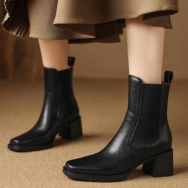 2025 New Split Leather Boots Women Square Toe Elastic Band Chunky High Heels Autumn Winter Ankle Boots Ladies Office Dress Shoes