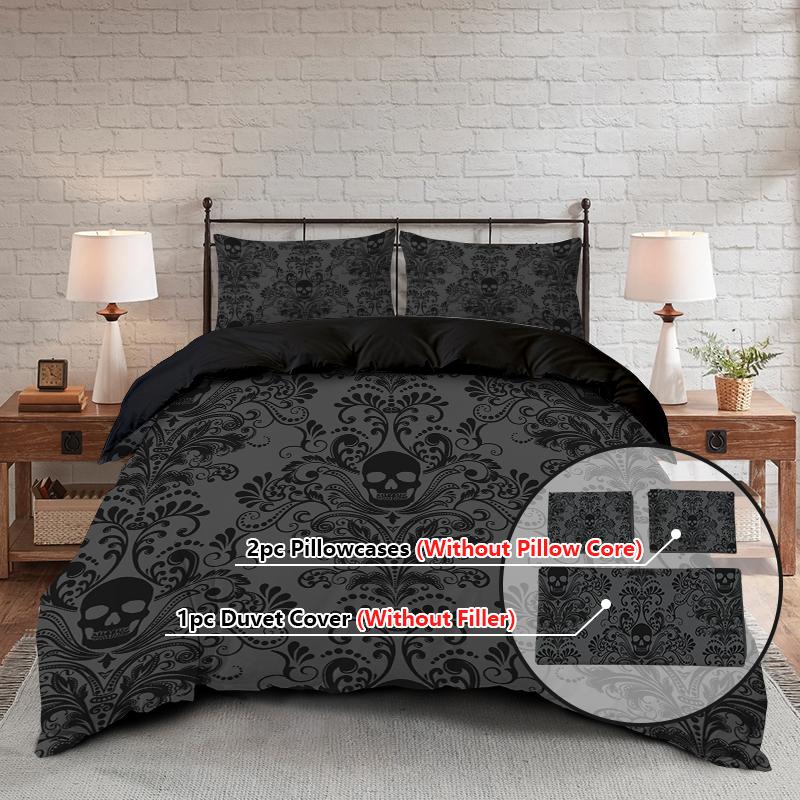 3pcs Skull Flower Duvet Set With Flower Skull Pattern, Includes 1 Duvet Cover And 2 Pillowcases, Suitable For All Seasons