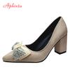 Fashion Aphixta Fashion Bling Crystal Bow 7cm Heels Pumps Women Butterfly-knot Pointed Toe Flock Suede Shoes Super Big Size 35-53