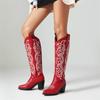 IPPEUM Cowboy Boots Red Embroider Knee High Chunky Heel Cowgirl Women Western Shoes