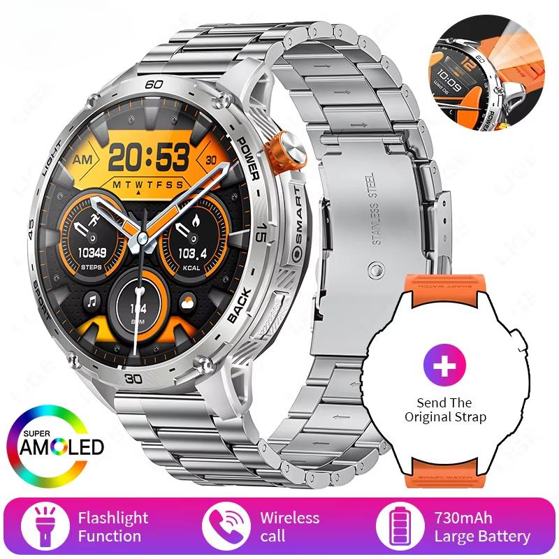 2025 New Military Smart Watch Men 730mAh Large Battery Flashlight AMOLED HD Display 3ATM Waterproof Outdoor Sports Smartwatch