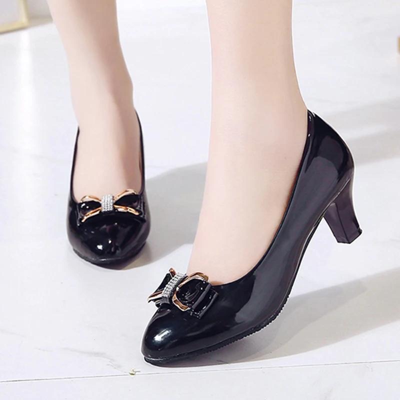 Women's Dress Shoes Patent Leather High Heel Shoes Medium Heel Office Women's Shoes Metal Bow Shoes