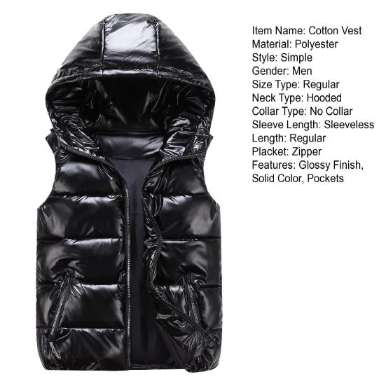 Men Cotton Vest Autumn Winter Hooded Sleeveless Zipper Placket Jacket with Pockets Solid Color Glossy Finish Down Quilted Vest Coat
