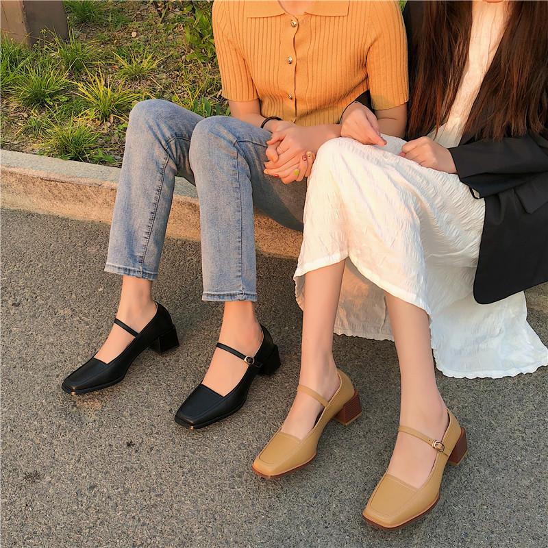 Square Toe Mary Janes Pumps Shoes Women Med Heel Buckle Sandals Summer Spring Leather Heels Shoes