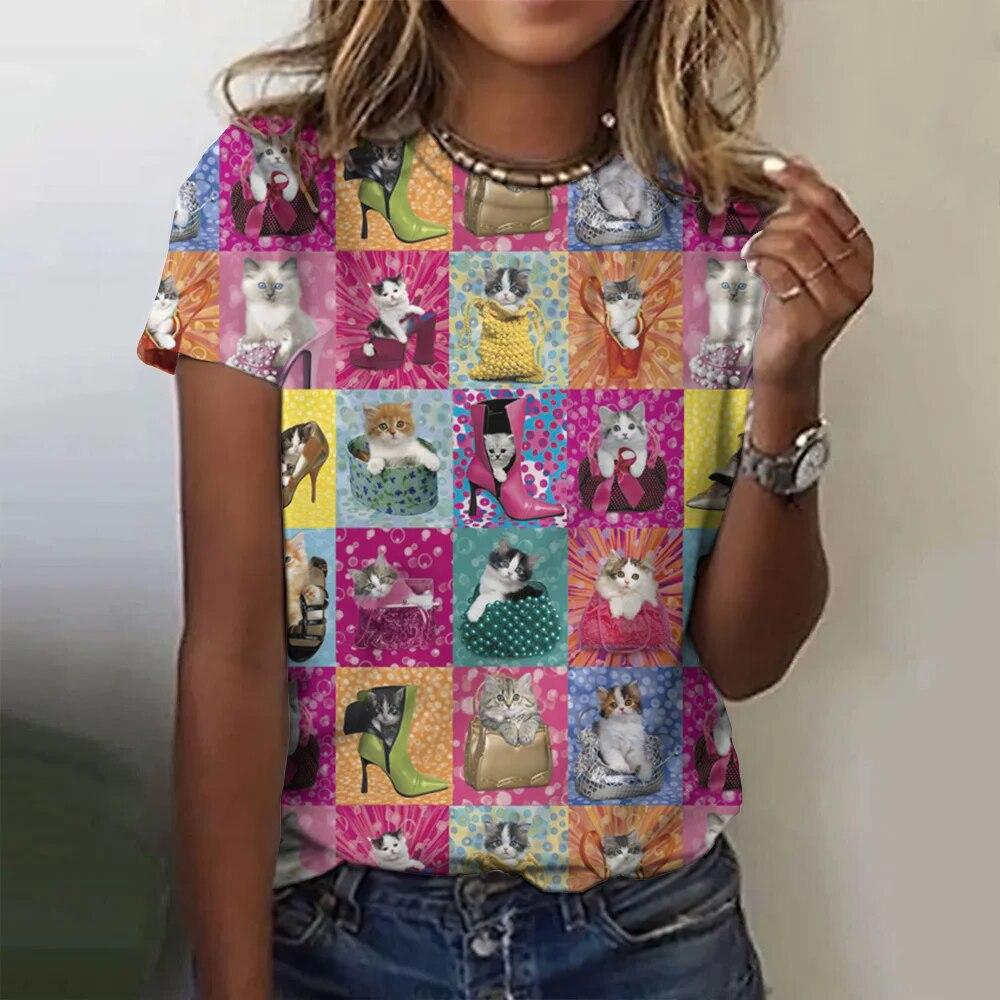 Summer Round Neck Cartoon Cat Pattern 3D Print Top Fashionable Casual Short Sleeved Women's T-shirts