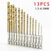 13Pcs High Speed Steel Titanium Coated Drill Bit Set 1/4 Hex Shank 1.5mm-6.5mm Hexagonal Handle Twist Drill Bit