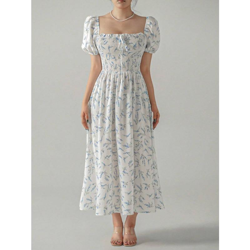 Summer New Style Square Collar Type A Printed Ladies Elegant Long Skirt