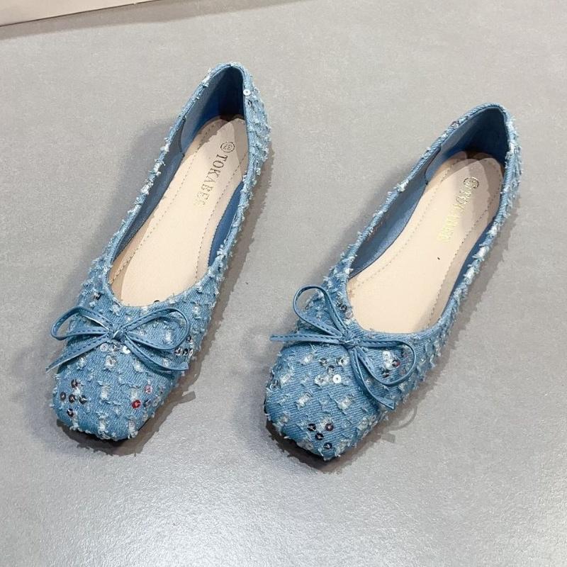2025 Spring New French Style Flat Shoes Versatile Elegant Bow Women Flats Shallow Mouth Soft Sequin Women Shoes Mujer