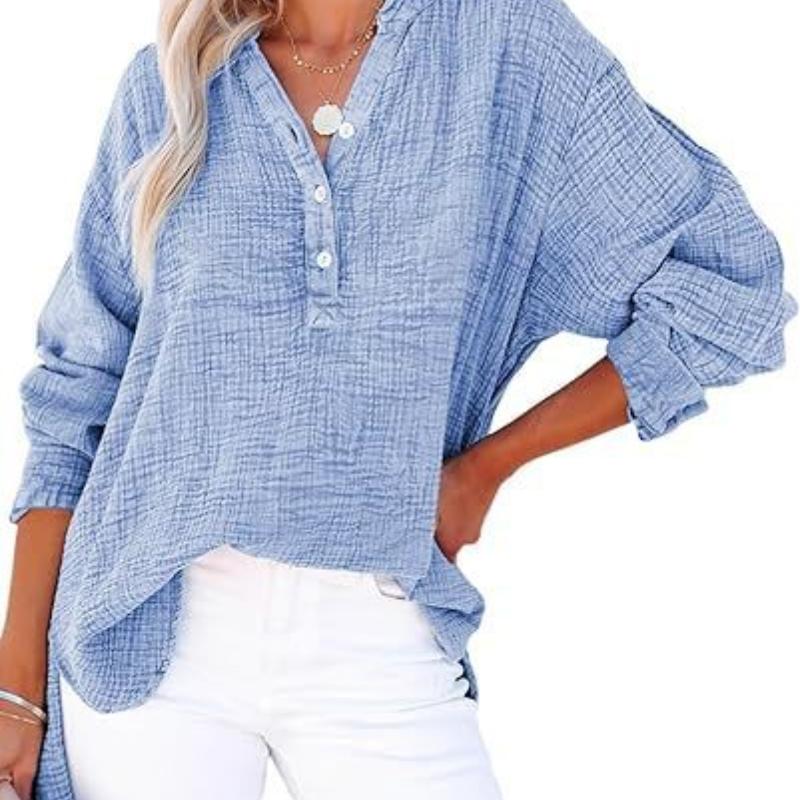 Spring and Autumn Pleated Button Long Sleeved Solid Color Top Women's Shirt Loose Pure Cotton Pullover