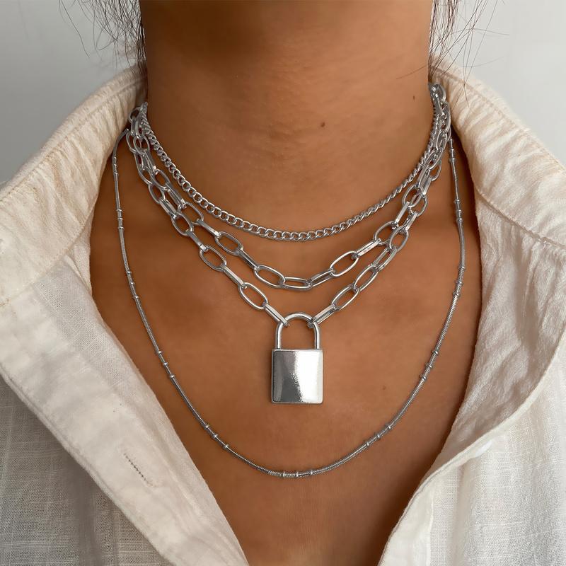 Elegant Fashion Simple Chain Punk Jewelry Key Padlock Pendant Necklace Women's Gift