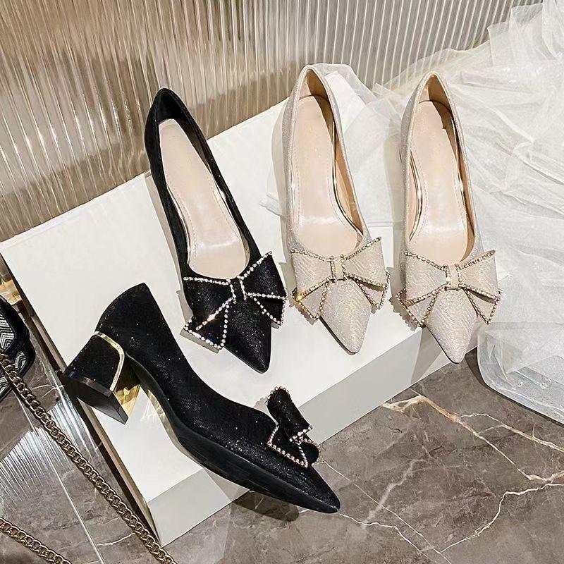 Bow Thick Heel High Heels French Evening Shoes Fashion with Skirt Single Shoes 2025 Summer and Autumn New Temperament Versatile
