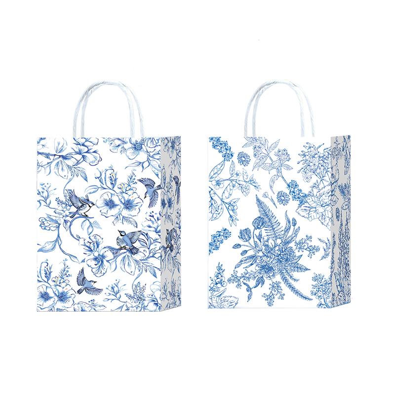 10pcs Blue & White Shopping Paper Gift Bags Elegant Porcelain Floral Tote Bags Chinese With Twine Handles Weddings