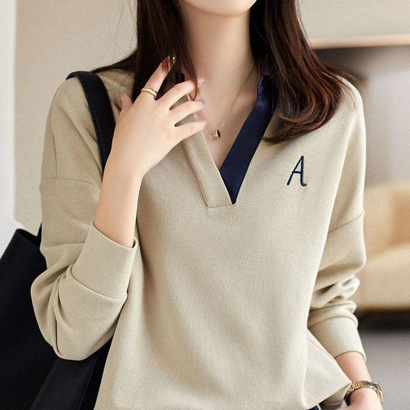 Autumn Fashion Letter Embroidery Color Blocking Sweatshirts Women New Classic Long Sleeve V-neck Casual All-match Lady Top 2022