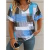 Summer Plaid Women's V-neck T-shirt Outdoor Casual Short-sleeved Top