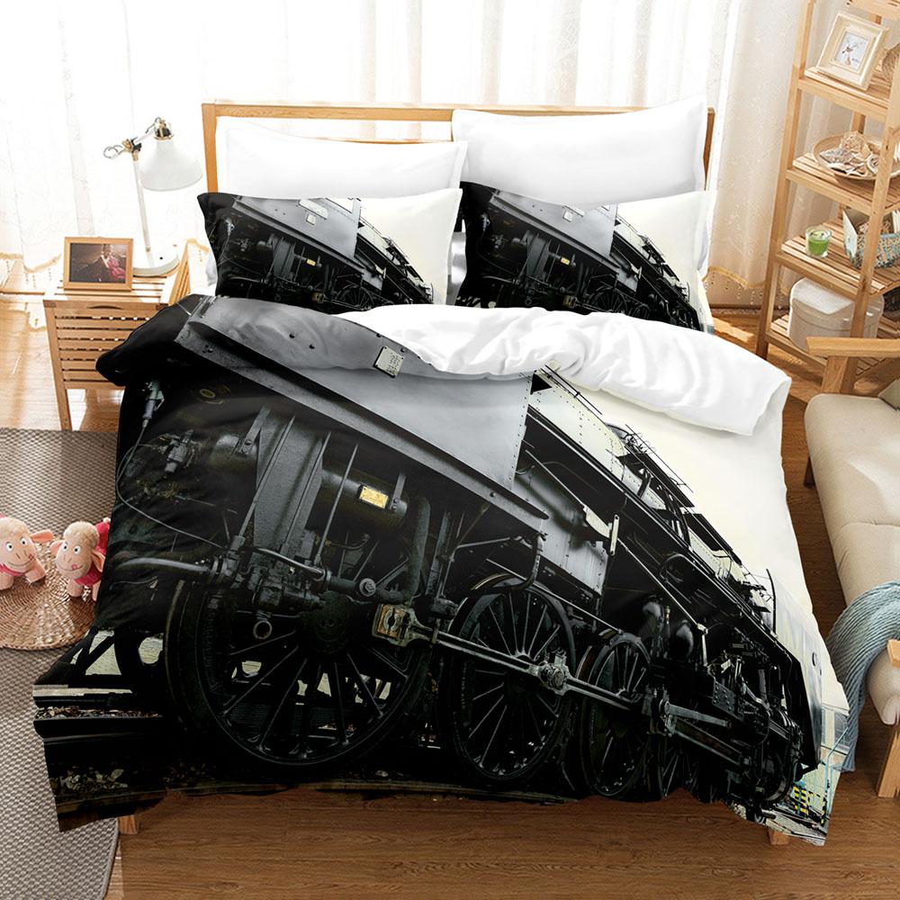 Steam Engine Duvet Cover Set Locomotive Green Black Train On Steel Railway Track Travel Adventure Graphic Print King Queen Size