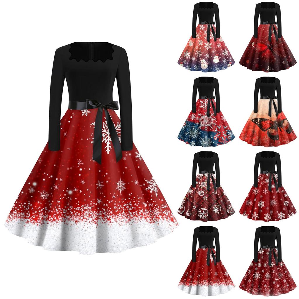 Women's Fashion Round Neck Casual Slim Christmas Printed Long Sleeve Dresses