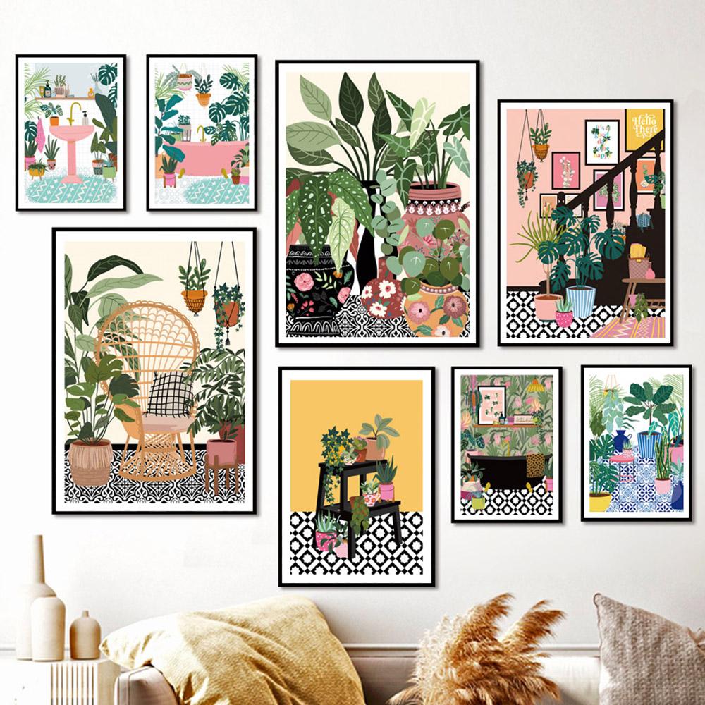 Greek Tile Botanical House Plants Art Nordic Poster Home Decor Boho Retro Vase Leaves Pictures Modern Wall Art Canvas Paintings