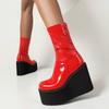 Foam Light-weight Sole Platform Wedges High Heels Girls Shoes Gloss Patent PU Leather Red White Ankle Stretch Booties Gothic Women Black Boots