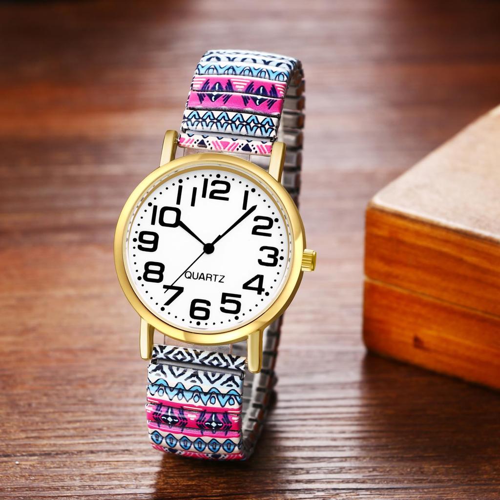 Bohemian Watch with Elastic Strap and Arabic One Size Fits Floral Waterproof Quartz Watch with Stretchable Stainless Steel Analog Colorful Ethnic