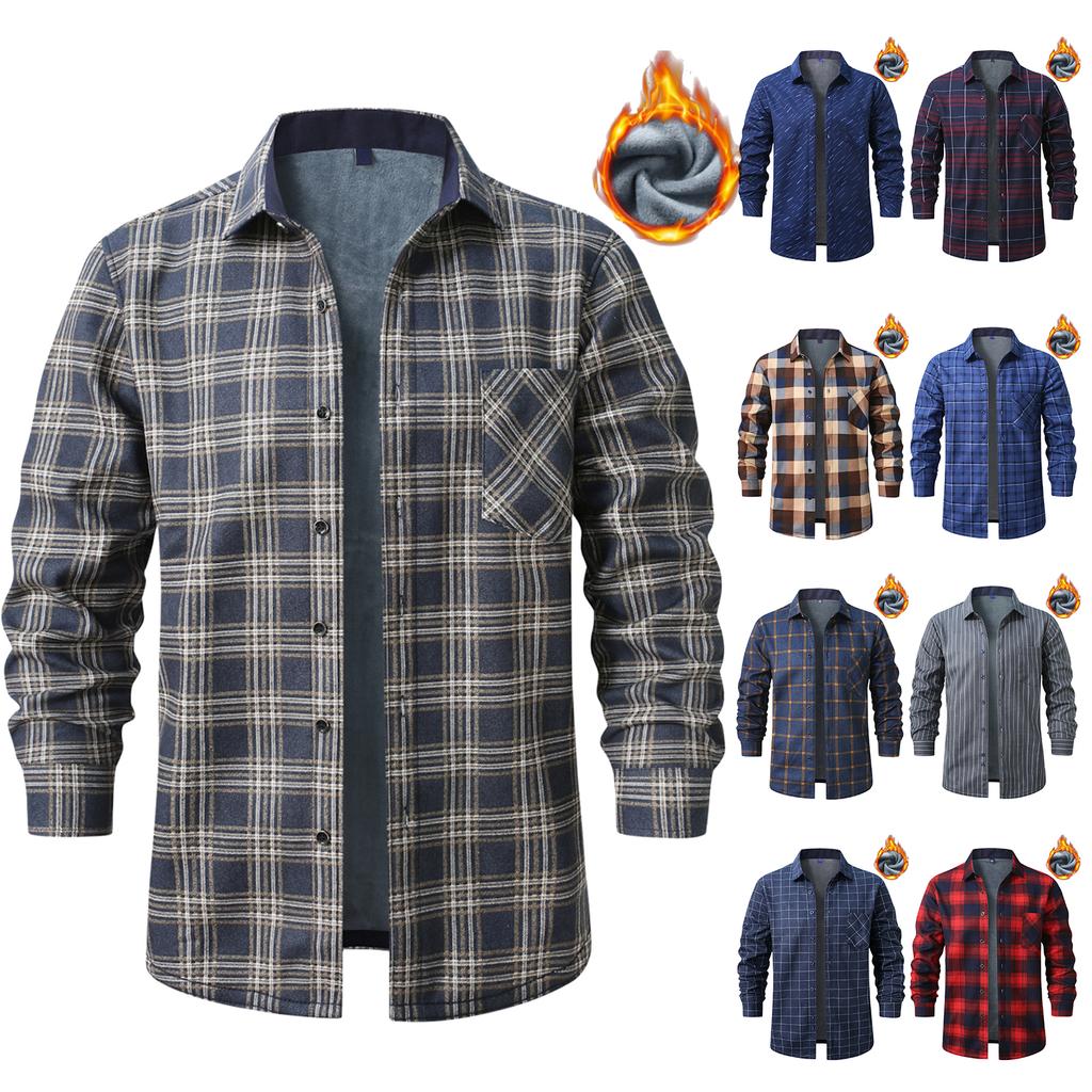 Men's Fleece And Thickened Warm Checked Button Shirt, Men's Fashionable Square Collar Casual Long-sleeved Top